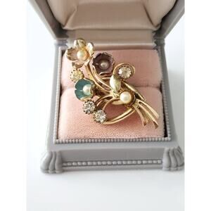 Vintage Metal Pastel Enamel Rhinestone and Faux Pearl Brooch